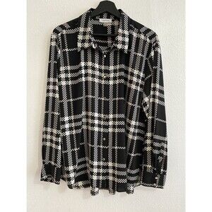 Calvin Klein Womens Blouse L  Black White Silky Lux Gold Buttons Dressy G31